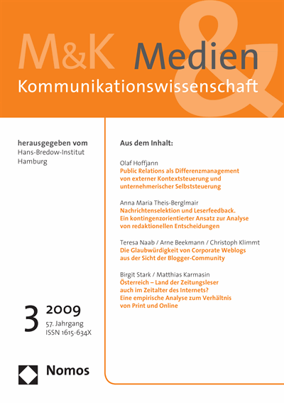 Cover der Ausgabe: M&K Medien & Kommunikationswissenschaft Jahrgang 57 (2009), Heft 3
