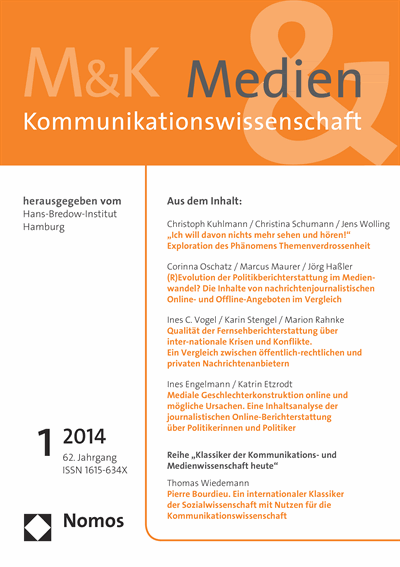 Cover of Volume: M&K Medien & Kommunikationswissenschaft Volume 62 (2014), Edition 1