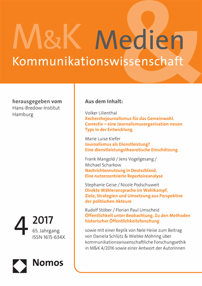 Cover of Volume: M&K Medien & Kommunikationswissenschaft Volume 65 (2017), Edition 4