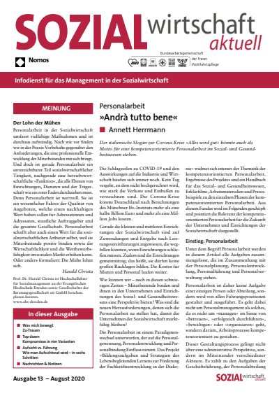 Cover der Ausgabe: Sozialwirtschaft aktuell (SWa) Jahrgang 30 (2020), Heft 13