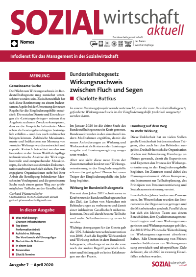 Cover der Ausgabe: Sozialwirtschaft aktuell (SWa) Jahrgang 30 (2020), Heft 7