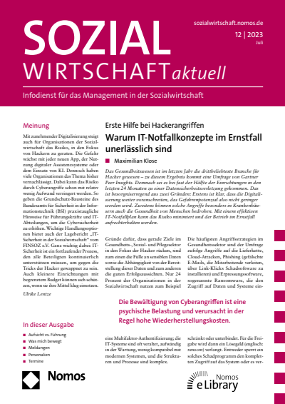 Cover der Ausgabe: Sozialwirtschaft aktuell (SWa) Jahrgang 33 (2023), Heft 12