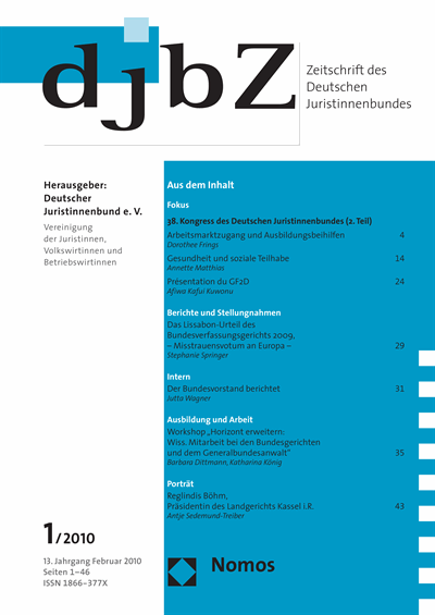 Cover of Volume: djbZ Zeitschrift des Deutschen Juristinnenbundes Volume 13 (2010), Edition 1