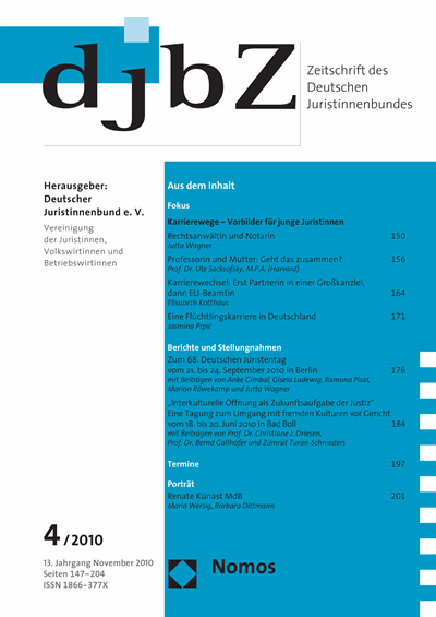 Cover of Volume: djbZ Zeitschrift des Deutschen Juristinnenbundes Volume 13 (2010), Edition 4