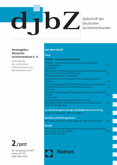 Cover of Volume: djbZ Zeitschrift des Deutschen Juristinnenbundes Volume 20 (2017), Edition 2