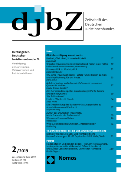 Cover of Volume: djbZ Zeitschrift des Deutschen Juristinnenbundes Volume 22 (2019), Edition 2
