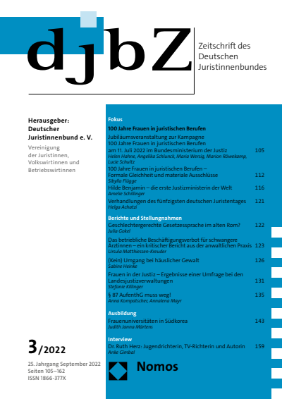 Cover of Volume: djbZ Zeitschrift des Deutschen Juristinnenbundes Volume 25 (2022), Edition 3