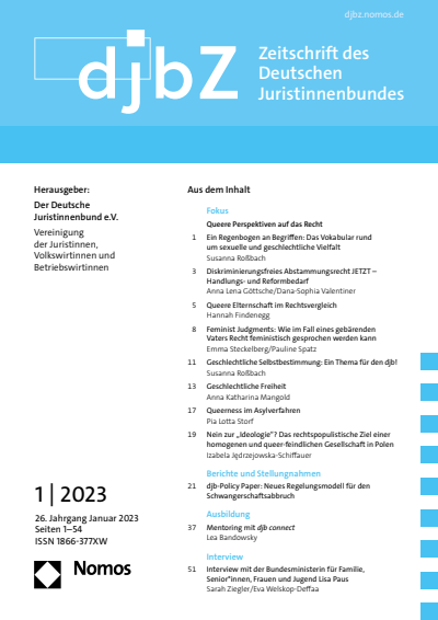 Cover der Ausgabe: djbZ Zeitschrift des Deutschen Juristinnenbundes Jahrgang 26 (2023), Heft 1