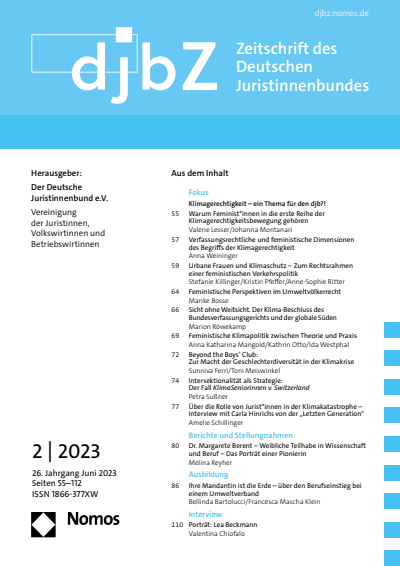 Cover der Ausgabe: djbZ Zeitschrift des Deutschen Juristinnenbundes Jahrgang 26 (2023), Heft 2