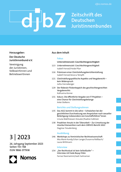 Cover der Ausgabe: djbZ Zeitschrift des Deutschen Juristinnenbundes Jahrgang 26 (2023), Heft 3