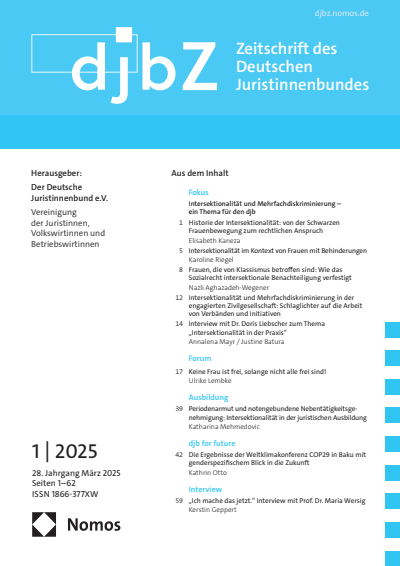 Cover der Ausgabe: djbZ Zeitschrift des Deutschen Juristinnenbundes Jahrgang 28 (2025), Heft 1