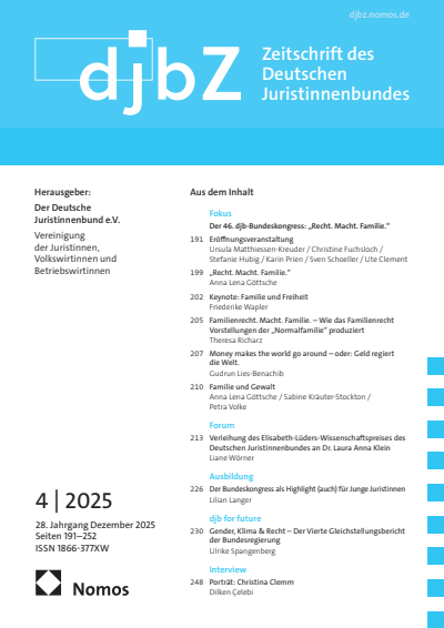 Cover der Ausgabe: djbZ Zeitschrift des Deutschen Juristinnenbundes Jahrgang 28 (2025), Heft 4