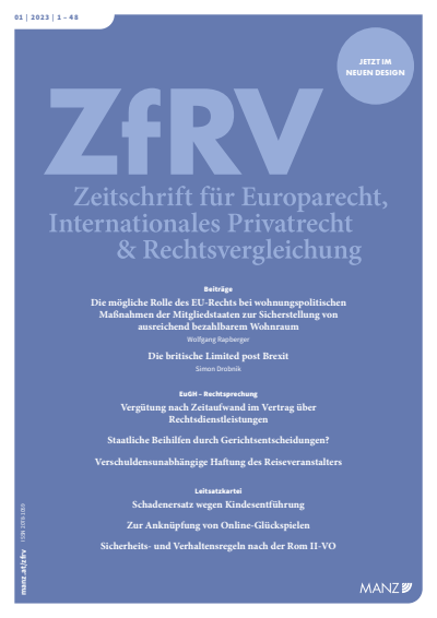 Cover der Ausgabe: ZfRV Zeitschrift für Europarecht, Int. Privatrecht und Rechtsvergleichung Jahrgang 64 (2023), Heft 1