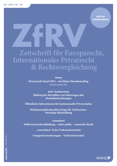 Cover der Ausgabe: ZfRV Zeitschrift für Europarecht, Int. Privatrecht und Rechtsvergleichung Jahrgang 64 (2023), Heft 2