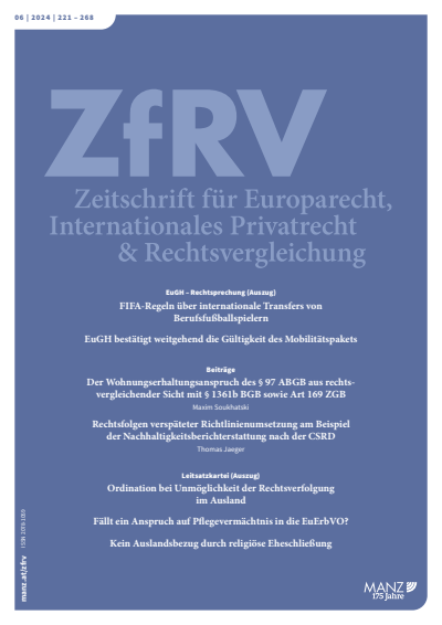 Cover der Ausgabe: ZfRV Zeitschrift für Europarecht, Int. Privatrecht und Rechtsvergleichung Jahrgang 65 (2025), Heft 6