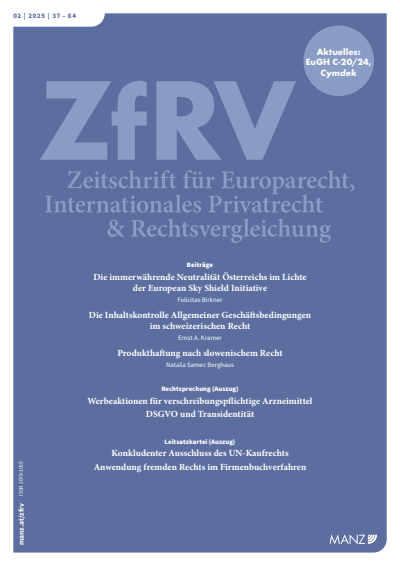 Cover der Ausgabe: ZfRV Zeitschrift für Europarecht, Int. Privatrecht und Rechtsvergleichung Jahrgang 66 (2025), Heft 2