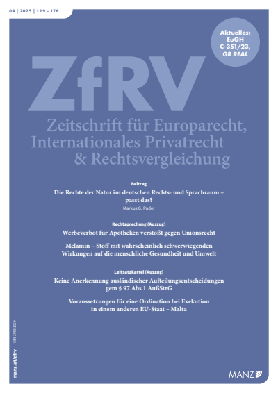 Cover der Ausgabe: ZfRV Zeitschrift für Europarecht, Int. Privatrecht und Rechtsvergleichung Jahrgang 66 (2025), Heft 4