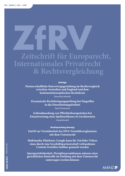 Cover der Ausgabe: ZfRV Zeitschrift für Europarecht, Int. Privatrecht und Rechtsvergleichung Jahrgang 67 (2026), Heft 4