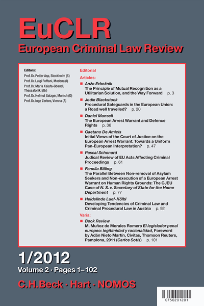 Cover der Ausgabe: EuCLR European Criminal Law Review Jahrgang 2 (2012), Heft 1