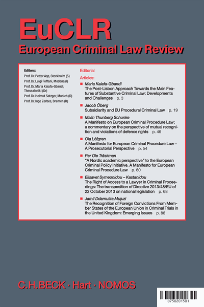 Cover der Ausgabe: EuCLR European Criminal Law Review Jahrgang 4 (2014), Heft 1