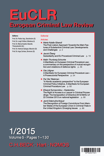Cover der Ausgabe: EuCLR European Criminal Law Review Jahrgang 5 (2015), Heft 1