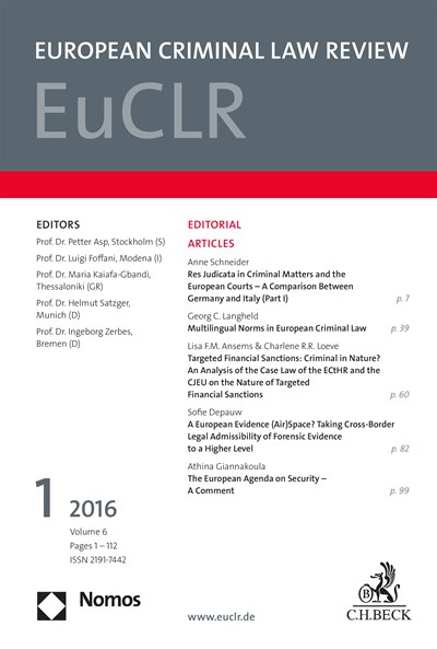 Cover der Ausgabe: EuCLR European Criminal Law Review Jahrgang 6 (2016), Heft 1