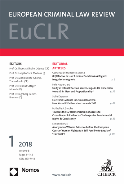Cover der Ausgabe: EuCLR European Criminal Law Review Jahrgang 8 (2018), Heft 1