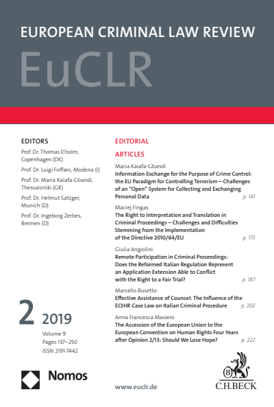 Cover der Ausgabe: EuCLR European Criminal Law Review Jahrgang 9 (2019), Heft 2