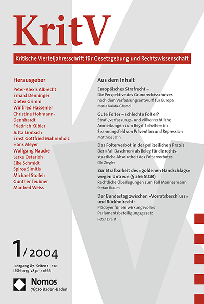Cover of Volume: KritV Kritische Vierteljahresschrift für Gesetzgebung und Rechtswissenschaft Volume 87 (2004), Edition 1
