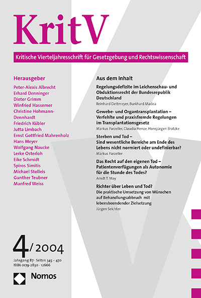 Cover of Volume: KritV Kritische Vierteljahresschrift für Gesetzgebung und Rechtswissenschaft Volume 87 (2004), Edition 4