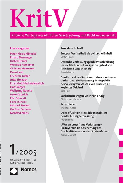 Cover of Volume: KritV Kritische Vierteljahresschrift für Gesetzgebung und Rechtswissenschaft Volume 88 (2005), Edition 1
