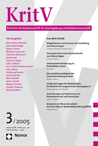Cover of Volume: KritV Kritische Vierteljahresschrift für Gesetzgebung und Rechtswissenschaft Volume 88 (2005), Edition 3