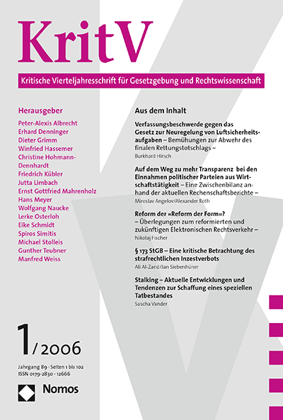 Cover of Volume: KritV Kritische Vierteljahresschrift für Gesetzgebung und Rechtswissenschaft Volume 89 (2006), Edition 1