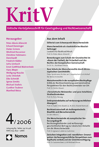 Cover of Volume: KritV Kritische Vierteljahresschrift für Gesetzgebung und Rechtswissenschaft Volume 89 (2006), Edition 4