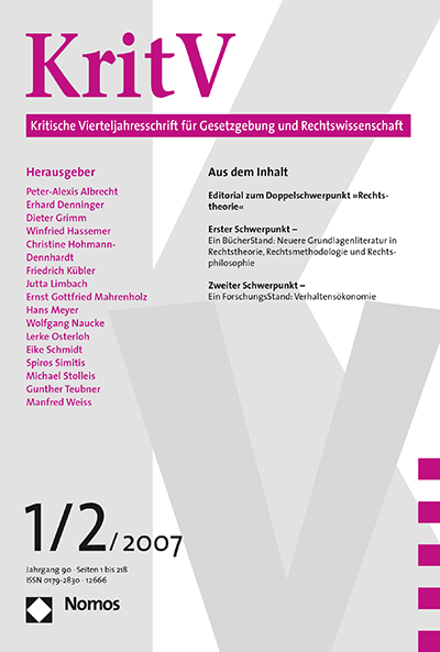 Cover of Volume: KritV Kritische Vierteljahresschrift für Gesetzgebung und Rechtswissenschaft Volume 90 (2007), Edition 1-2