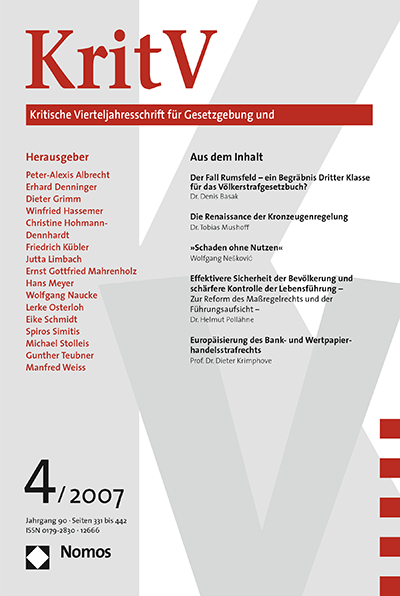 Cover of Volume: KritV Kritische Vierteljahresschrift für Gesetzgebung und Rechtswissenschaft Volume 90 (2007), Edition 3