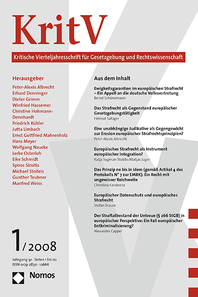 Cover of Volume: KritV Kritische Vierteljahresschrift für Gesetzgebung und Rechtswissenschaft Volume 91 (2008), Edition 1
