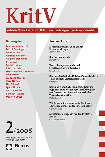Cover of Volume: KritV Kritische Vierteljahresschrift für Gesetzgebung und Rechtswissenschaft Volume 91 (2008), Edition 2