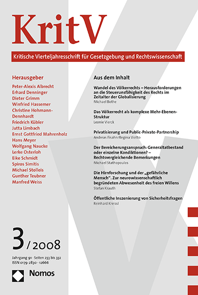 Cover of Volume: KritV Kritische Vierteljahresschrift für Gesetzgebung und Rechtswissenschaft Volume 91 (2008), Edition 3