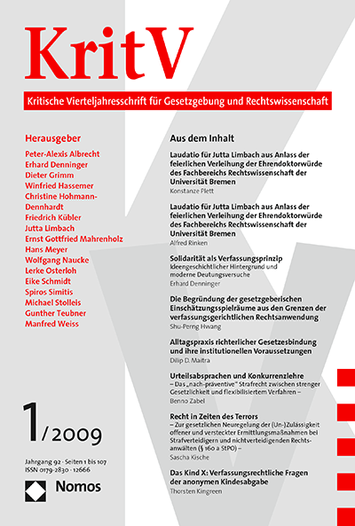 Cover of Volume: KritV Kritische Vierteljahresschrift für Gesetzgebung und Rechtswissenschaft Volume 92 (2009), Edition 1