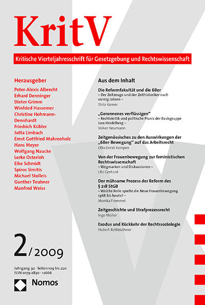 Cover of Volume: KritV Kritische Vierteljahresschrift für Gesetzgebung und Rechtswissenschaft Volume 92 (2009), Edition 2