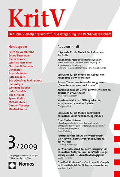 Cover of Volume: KritV Kritische Vierteljahresschrift für Gesetzgebung und Rechtswissenschaft Volume 92 (2009), Edition 3