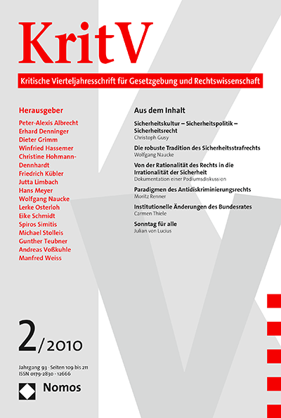 Cover of Volume: KritV Kritische Vierteljahresschrift für Gesetzgebung und Rechtswissenschaft Volume 93 (2010), Edition 2