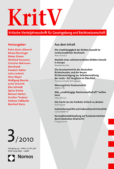 Cover of Volume: KritV Kritische Vierteljahresschrift für Gesetzgebung und Rechtswissenschaft Volume 93 (2010), Edition 3