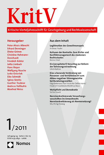 Cover of Volume: KritV Kritische Vierteljahresschrift für Gesetzgebung und Rechtswissenschaft Volume 94 (2011), Edition 1