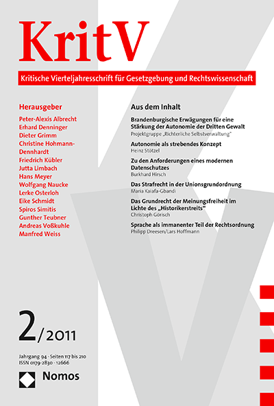 Cover of Volume: KritV Kritische Vierteljahresschrift für Gesetzgebung und Rechtswissenschaft Volume 94 (2011), Edition 2