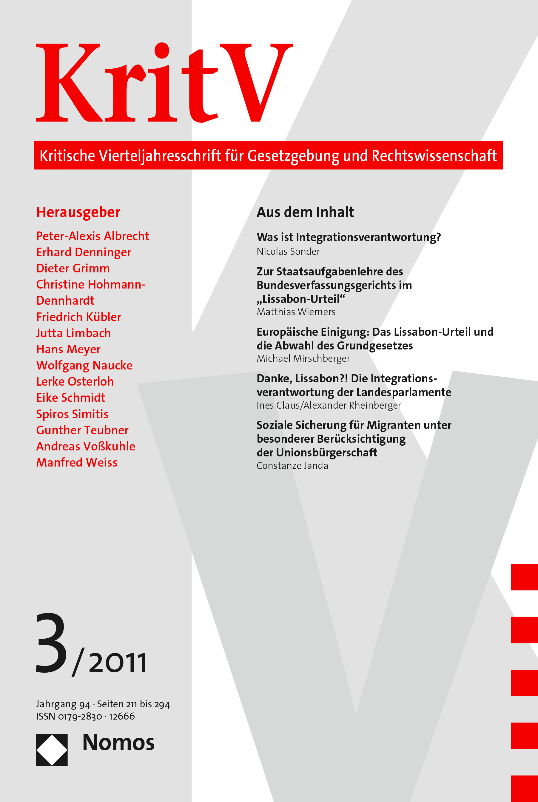Cover of Volume: KritV Kritische Vierteljahresschrift für Gesetzgebung und Rechtswissenschaft Volume 94 (2011), Edition 3