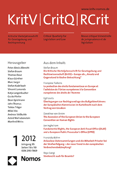 Cover of Volume: KritV Kritische Vierteljahresschrift für Gesetzgebung und Rechtswissenschaft Volume 95 (2012), Edition 1