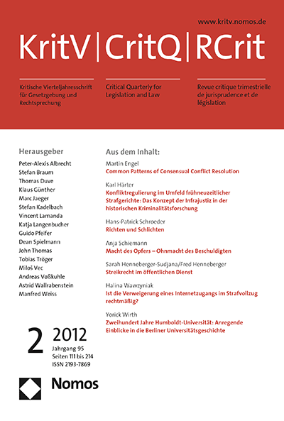 Cover of Volume: KritV Kritische Vierteljahresschrift für Gesetzgebung und Rechtswissenschaft Volume 95 (2012), Edition 2