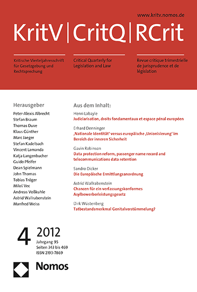 Cover of Volume: KritV Kritische Vierteljahresschrift für Gesetzgebung und Rechtswissenschaft Volume 95 (2012), Edition 4